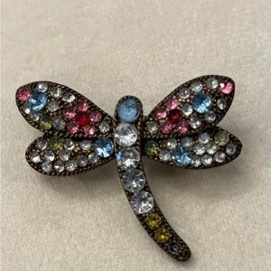 Dragonfly Bug Brooch Pin Pave Colorful Crystal Rhinestones Vintage Brass Tone